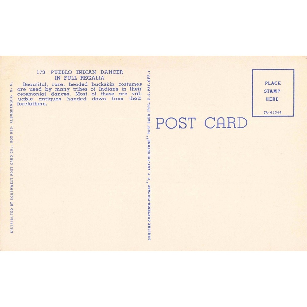 Vtg Pueblo Indian Dancer Linen Postcard Curt Teich Art-Colortone VG+ - Picture 2 of 2